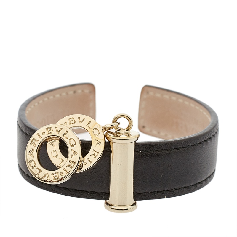Bvlgari Black Leather Interlocking Circles Charm Open Cuff Bracelet