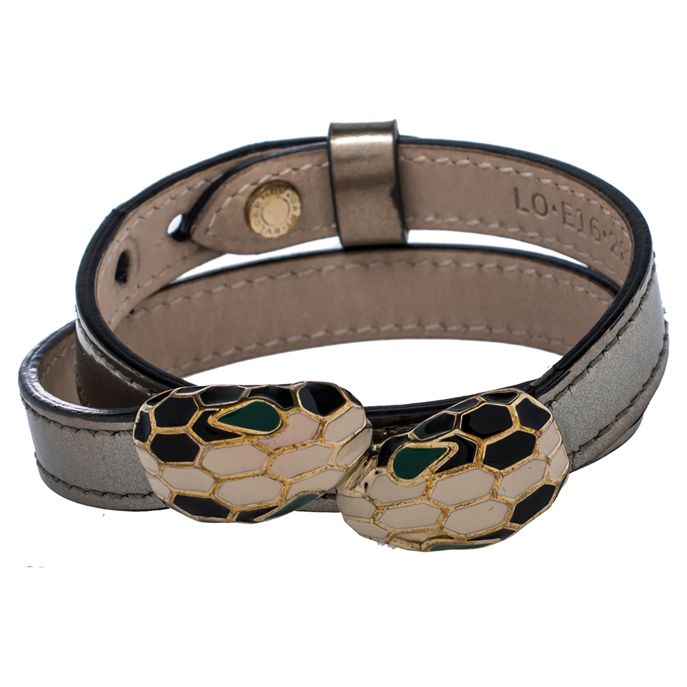 Bvlgari Serpenti Forever Metallic Silver Leather Gold Plated Double Wrap Bracelet
