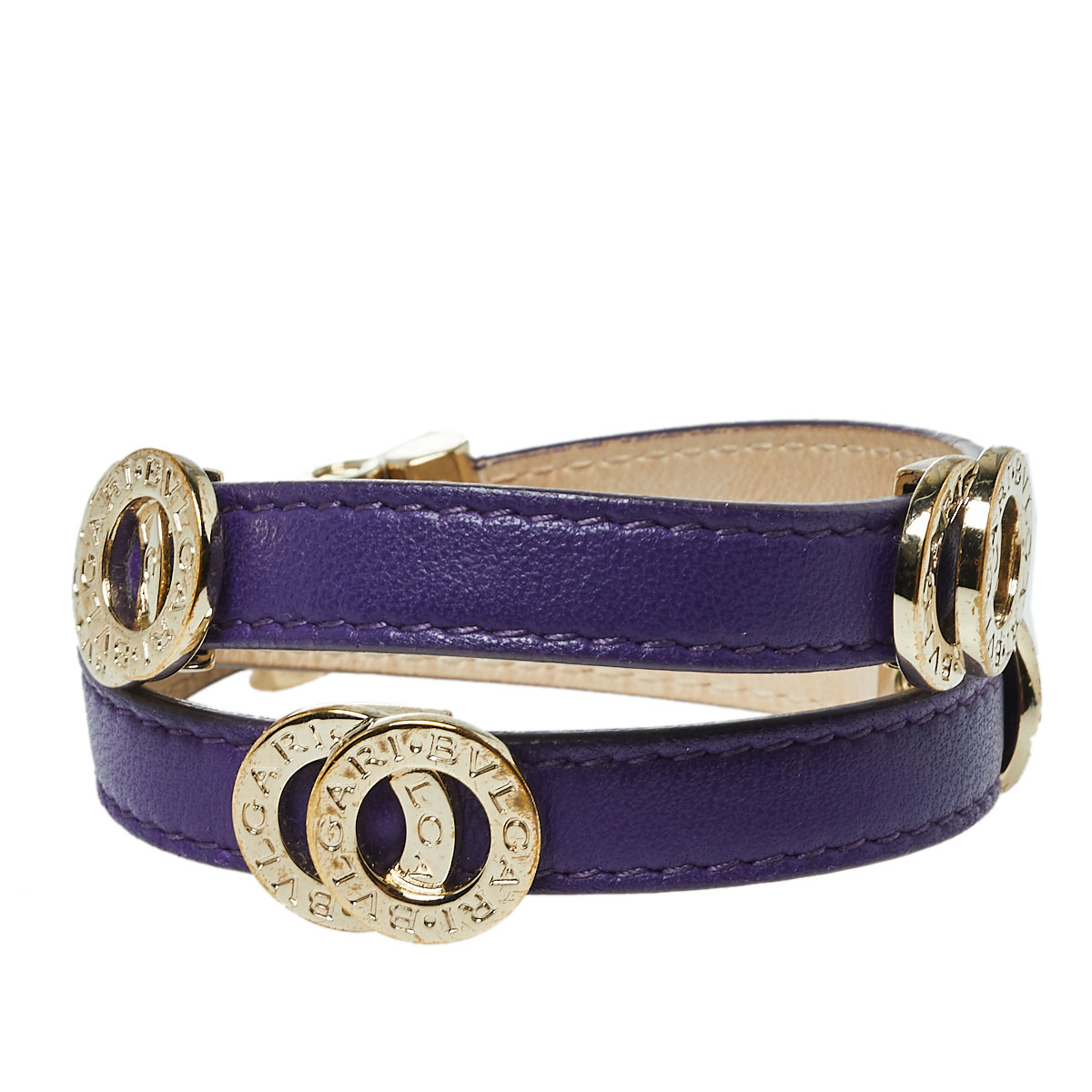 Bvlgari Bvlgari Purple Leather Gold Plated Metal Double Coiled Bracelet