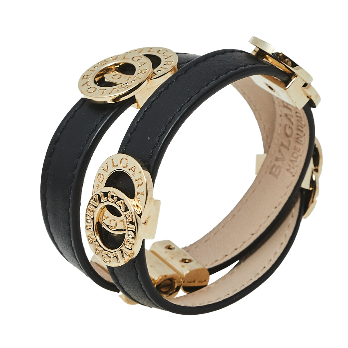 Bvlgari Black Leather Gold Tone Double Coiled Wrap Bracelet