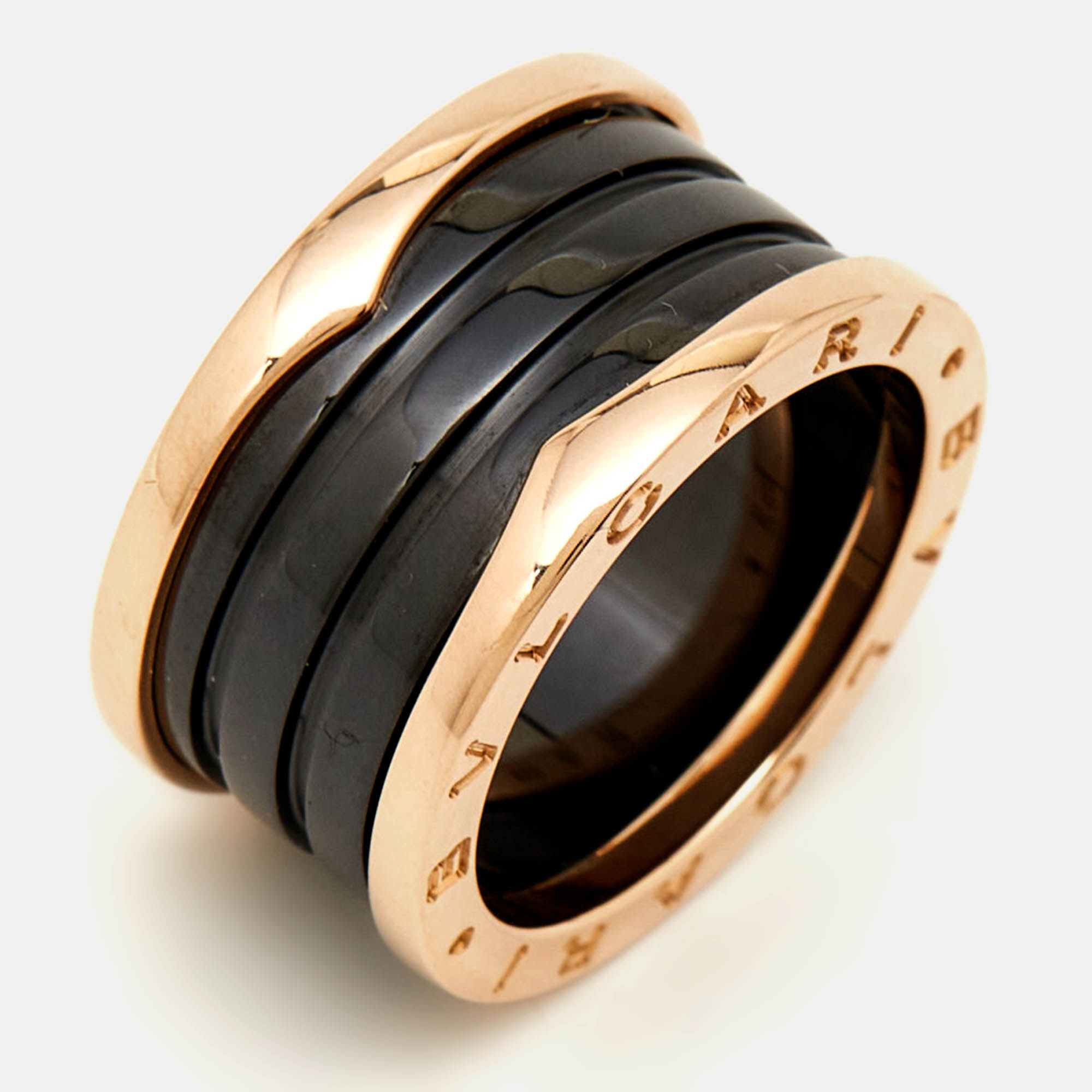 Bvlgari B.Zero1 Black Ceramic 18k Rose Gold 4 Band Ring Size 56