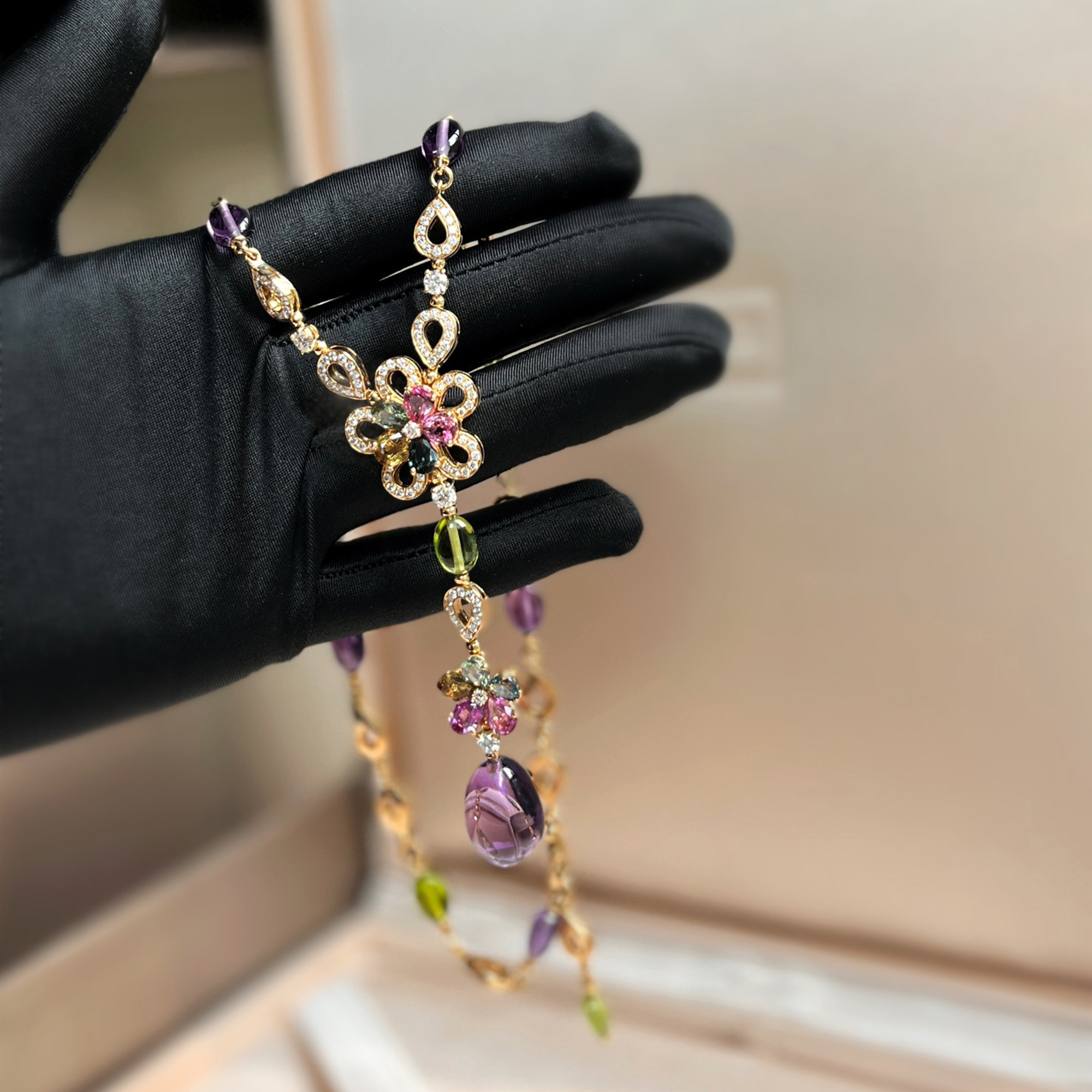 Bvlgari 18K Rose Gold Gemstone and Diamond Fiorever Flower Pendant Necklace