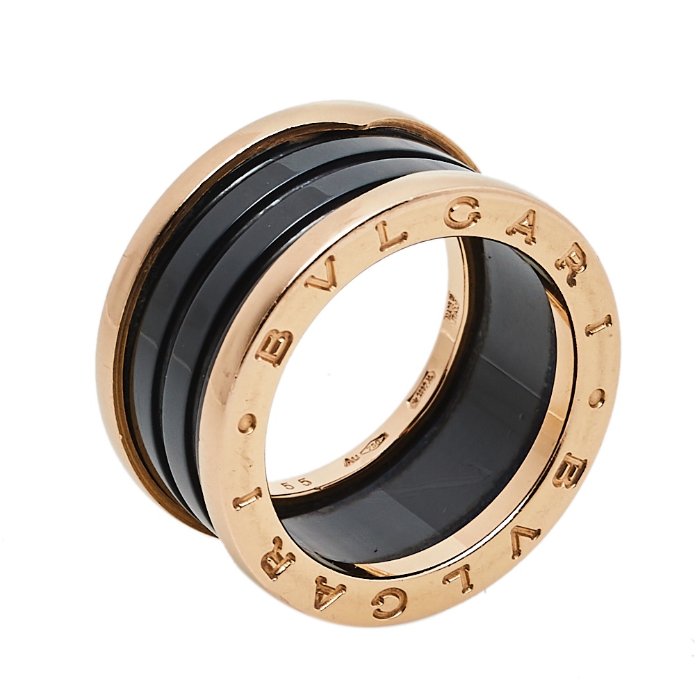 Bvlgari B.Zero1 Black Ceramic 18K Rose Gold 4-Band Ring Size 55