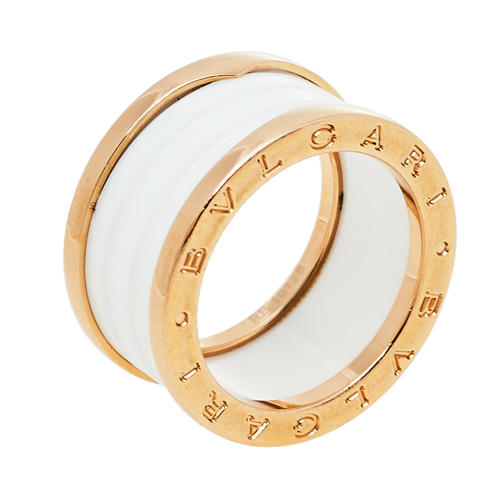 Bvlgari B.Zero1 White Ceramic 18K Rose Gold 4 Band Ring Size 55