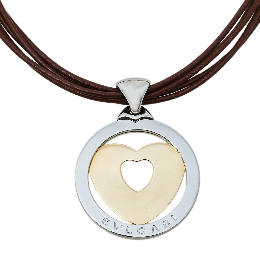 Bvlgari Tondo Heart 18K Yellow Gold & Stainless Steel Large Pendant Cord Necklace