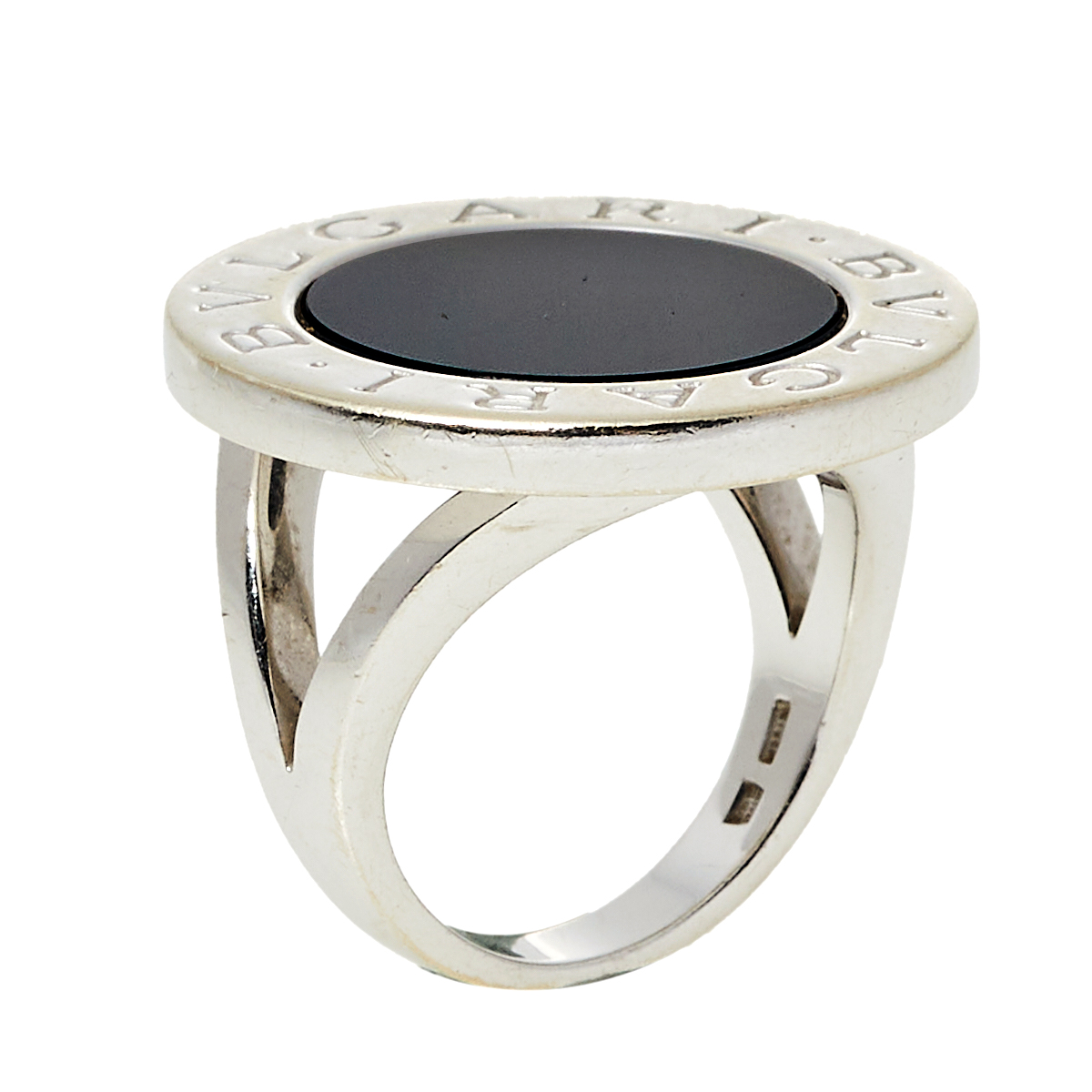 Bvlgari Onyx Inlay 18k White Gold Circular Ring Size 55