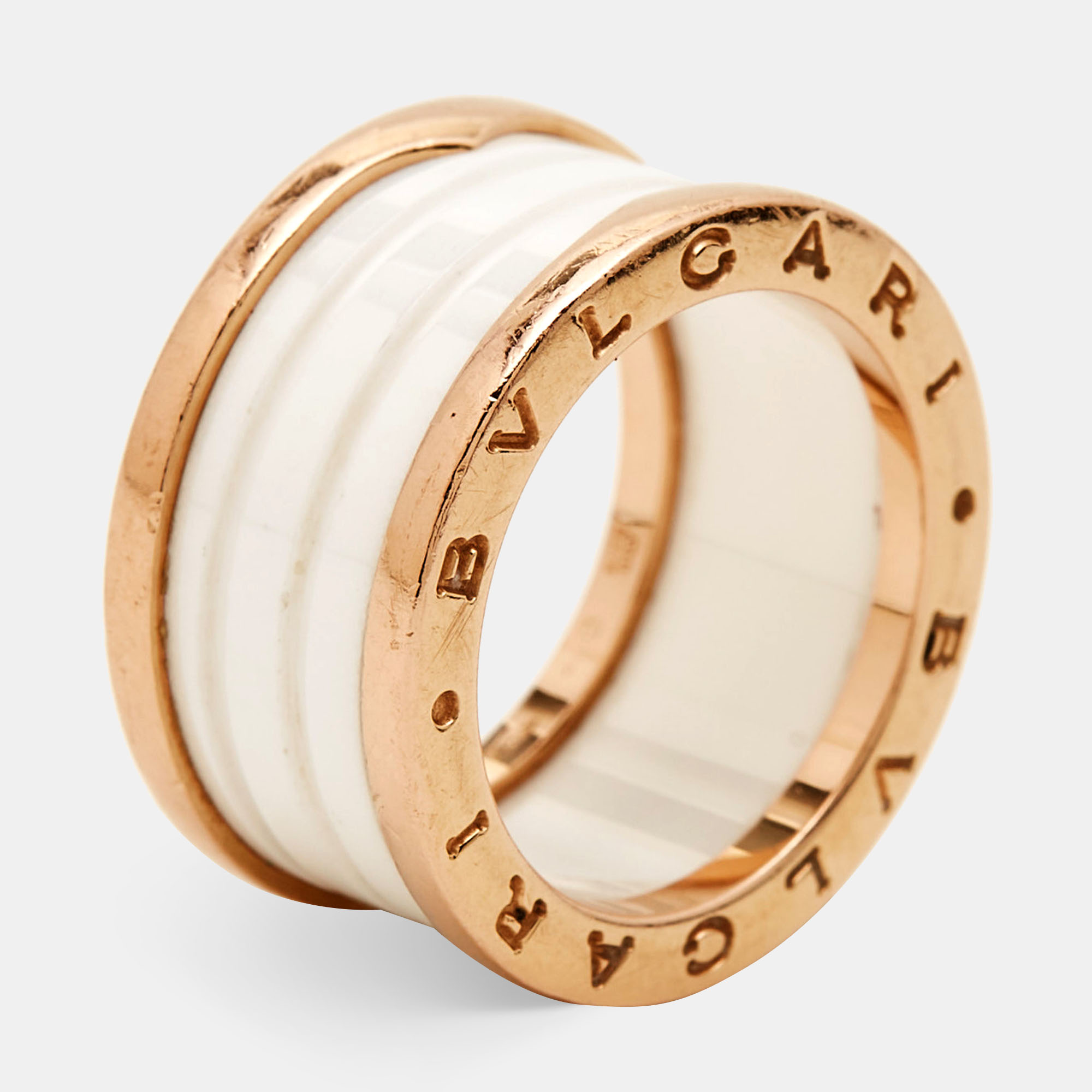 Bvlgari B.Zero1 White Ceramic 18k Rose Gold Band Ring Size 55