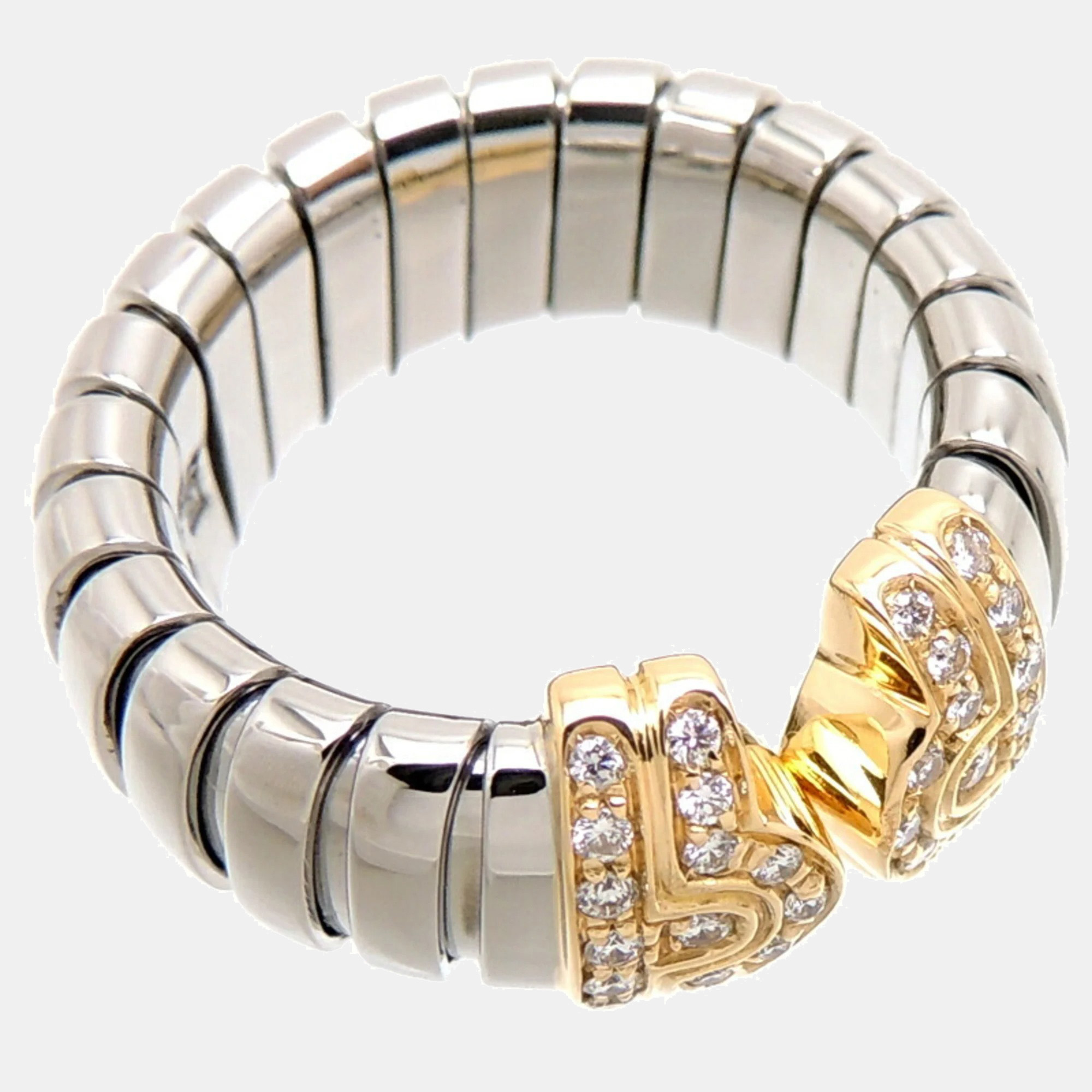 

Bvlgari Tubogas 18K Yellow Gold Stainless Steel and Diamond Ring EU 53, Silver