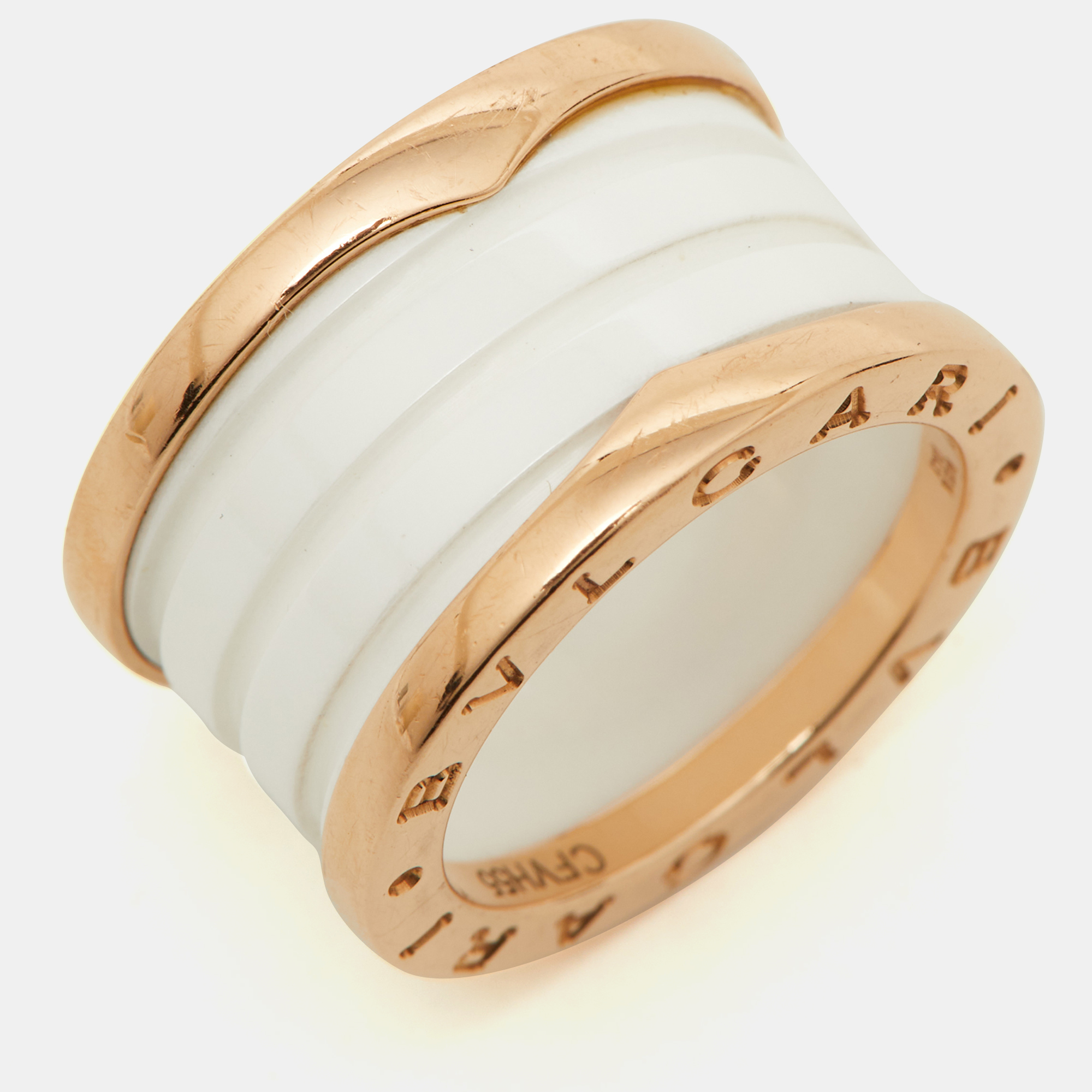 Bvlgari B.Zero1 White Ceramic 18k Rose Gold Band Ring Size 50