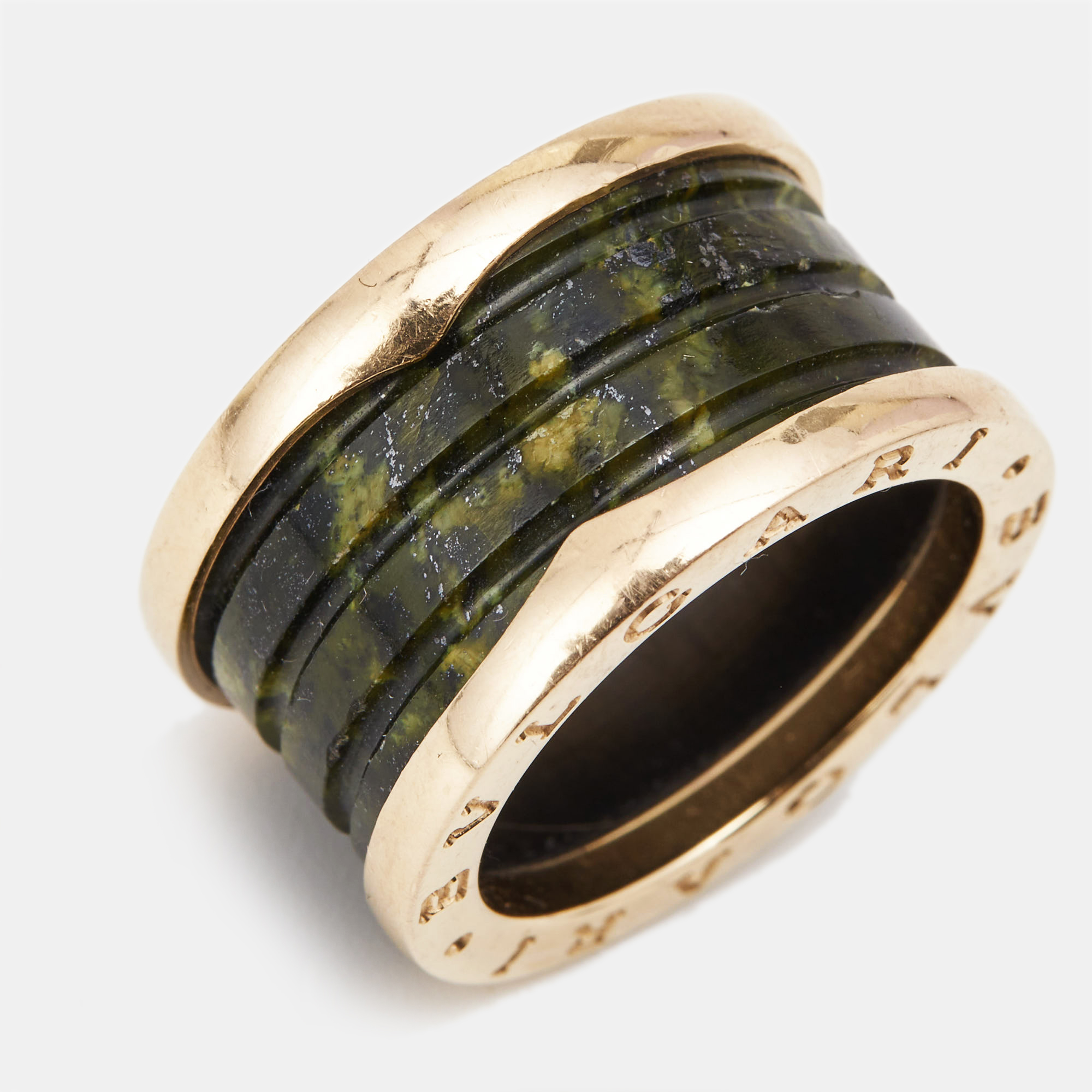 Bvlgari B.Zero1 4-Band Green Marble 18k Rose Gold Ring Size 52