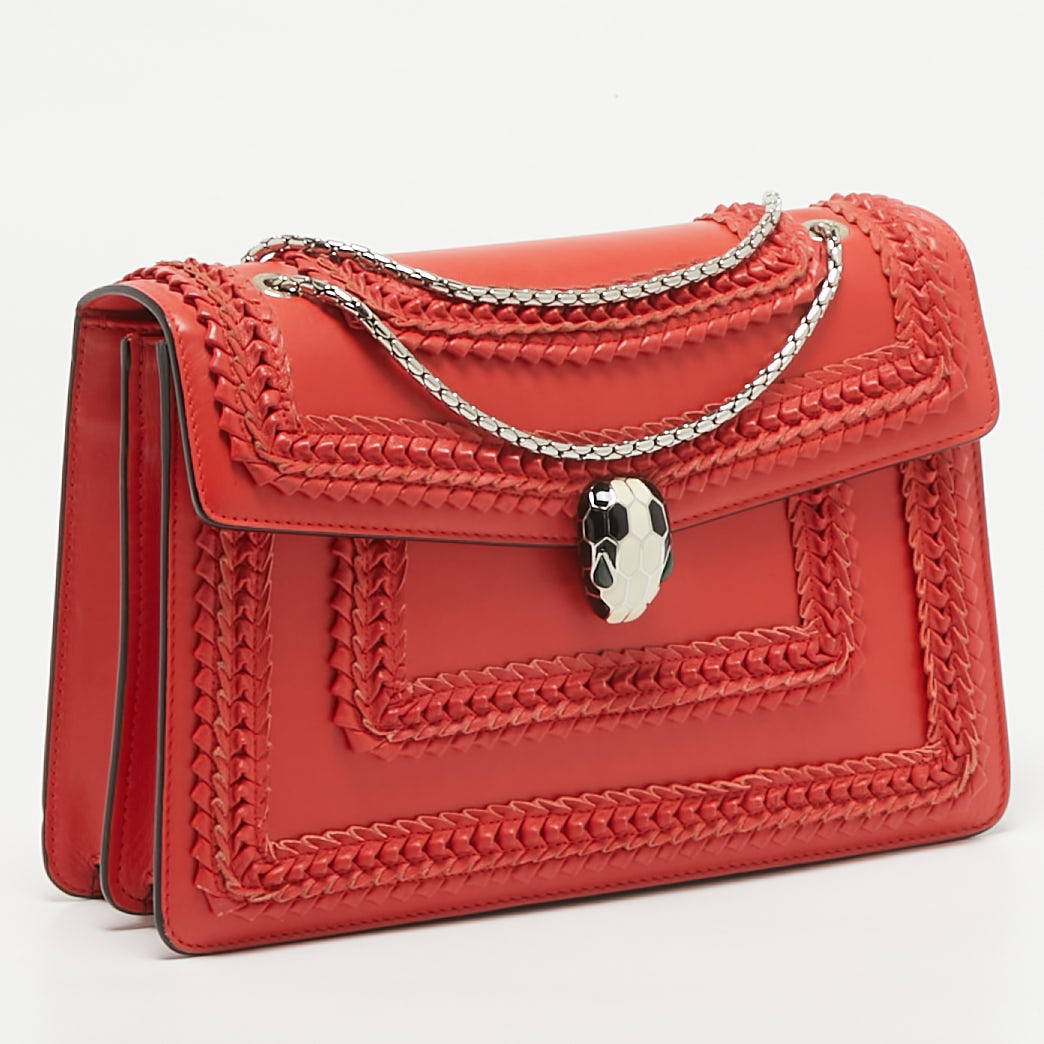 Bvlgari Red Leather Plisse Serpenti Forever Shoulder Bag