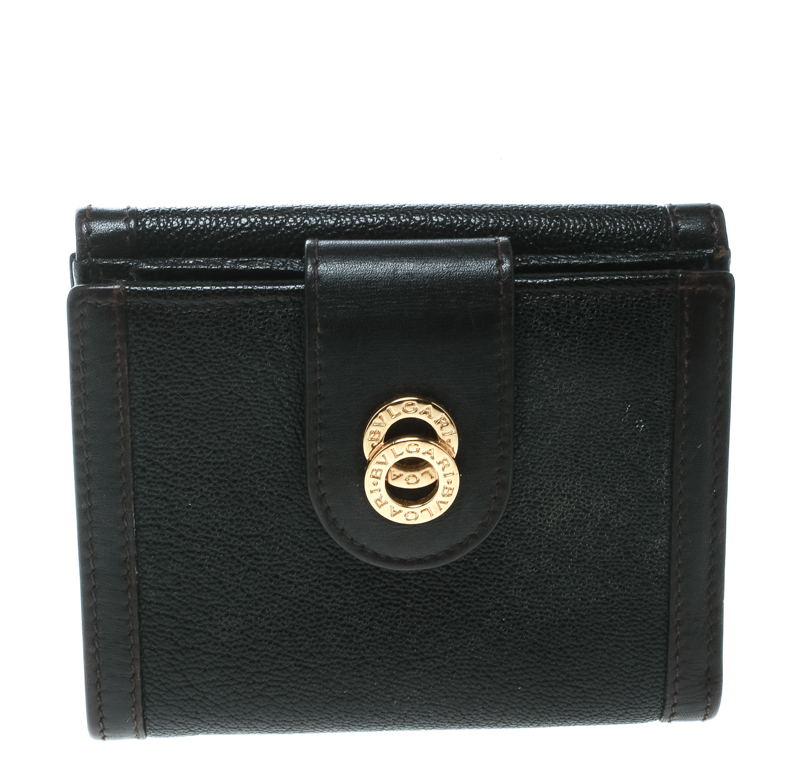 Image of Bvlgari Dark Brown Leather Compact Flap Wallet