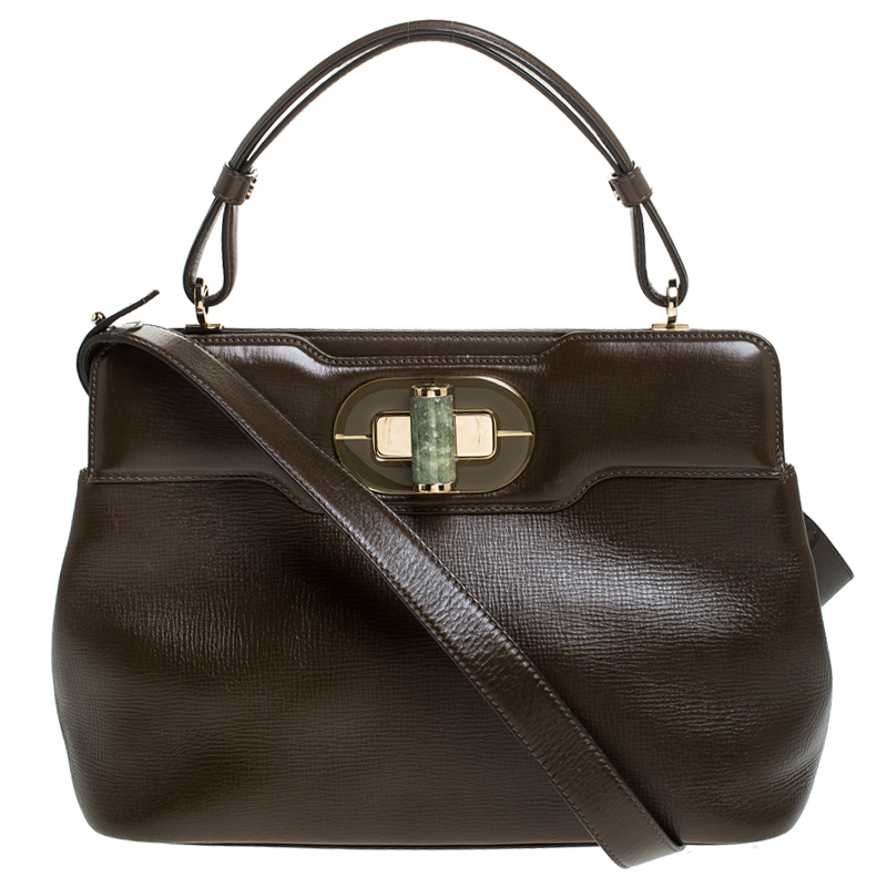 Image of Bvlgari Olive Green Leather Isabella Rossellini Top Handle Bag