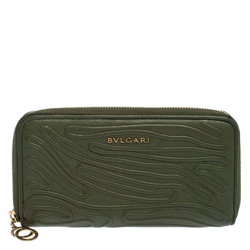 Image of Bvlgari Green Leather Zip Around Wallet