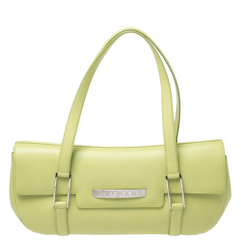 Image of Bvlgari Neon Green Leather Flap Satchel