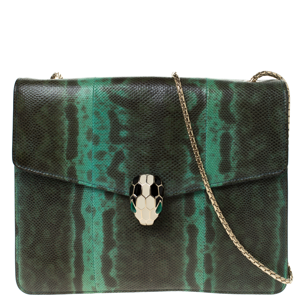 Bvlgari Green/Black Lizard Serpenti Forever Flap Shoulder Bag