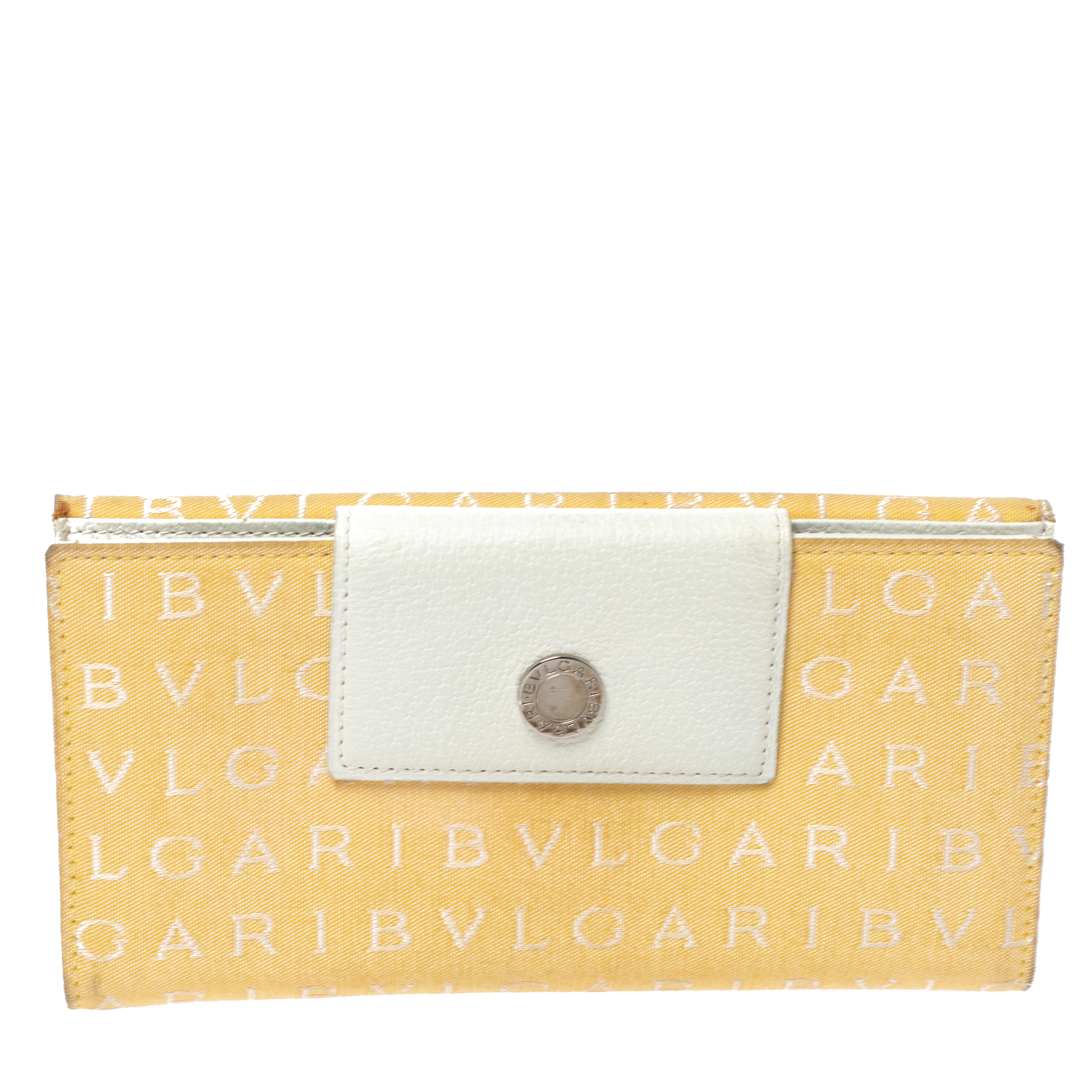 Image of Bvlgari Cream/White Logo Mania Canvas and Leather Flap Continental Wallet