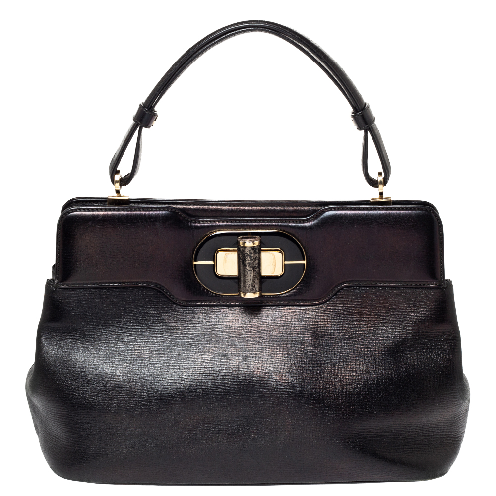 Image of Bvlgari Black Leather Isabella Rossellini Top Handle Bag