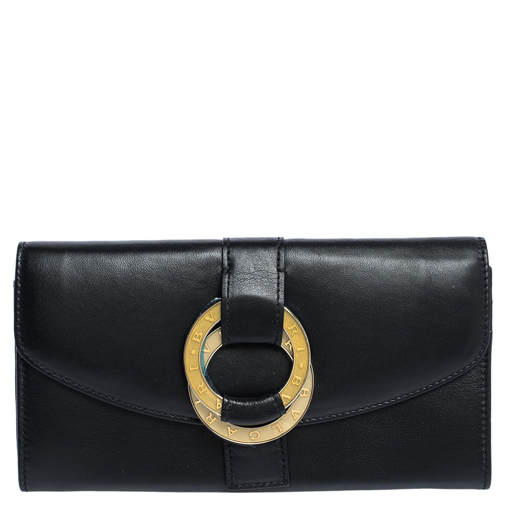 Image of Bvlgari Black Leather Double Ring Flap Continental Wallet