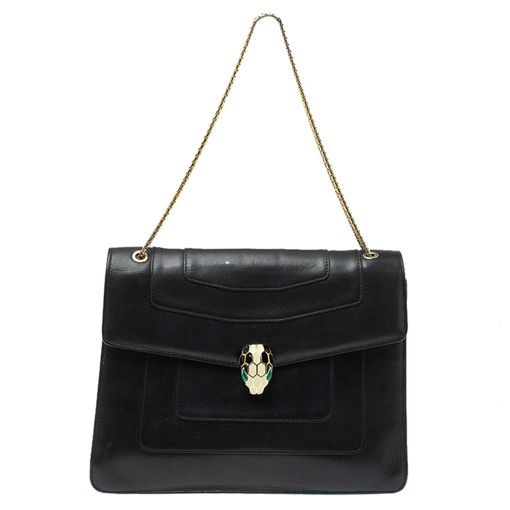Image of Bvlgari Black Leather Large Serpenti Forever Shoulder Bag