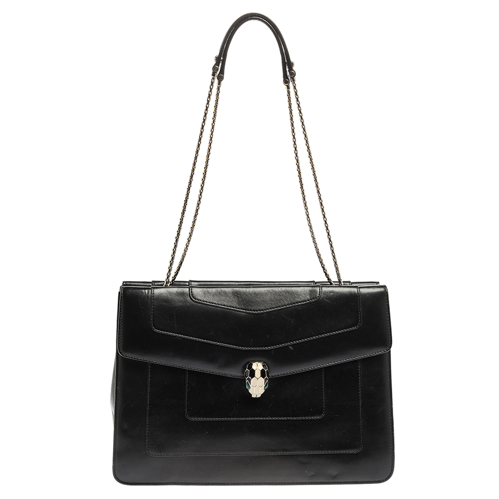 Image of Bvlgari Black Leather Serpenti Forever Double Flap Shoulder Bag