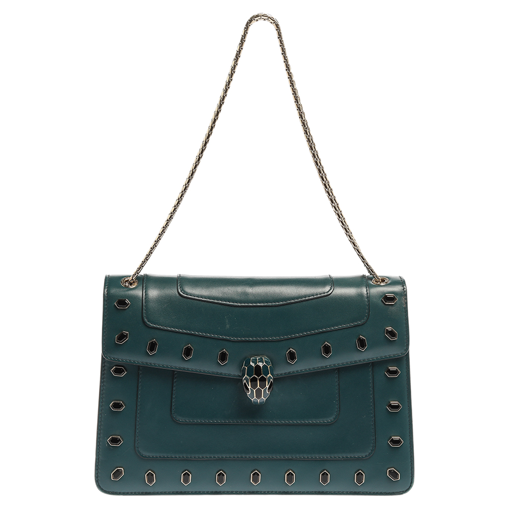 Image of Bvlgari Green Leather Medium Studded Serpenti Forever Flap Shoulder Bag