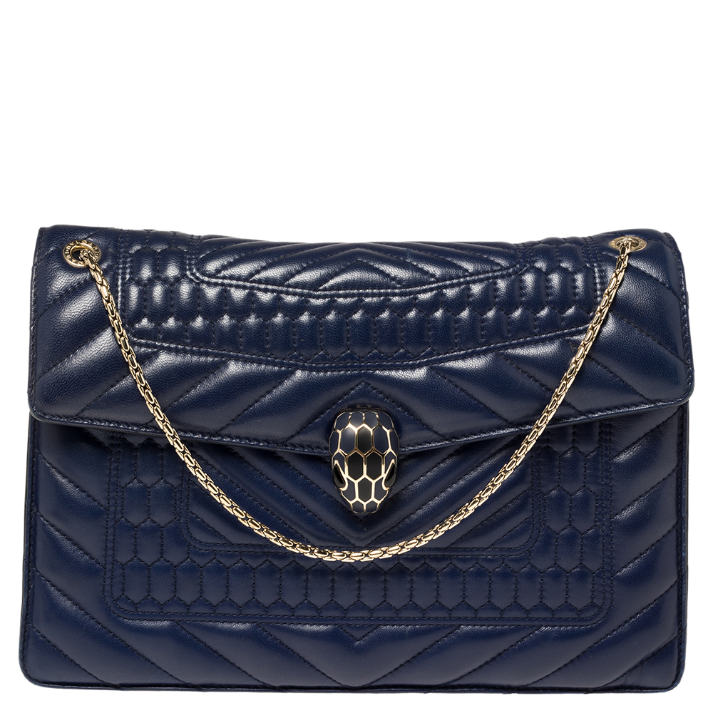 Image of Bvlgari Blue Quilted Scaglie Leather Medium Serpenti Forever Shoulder Bag
