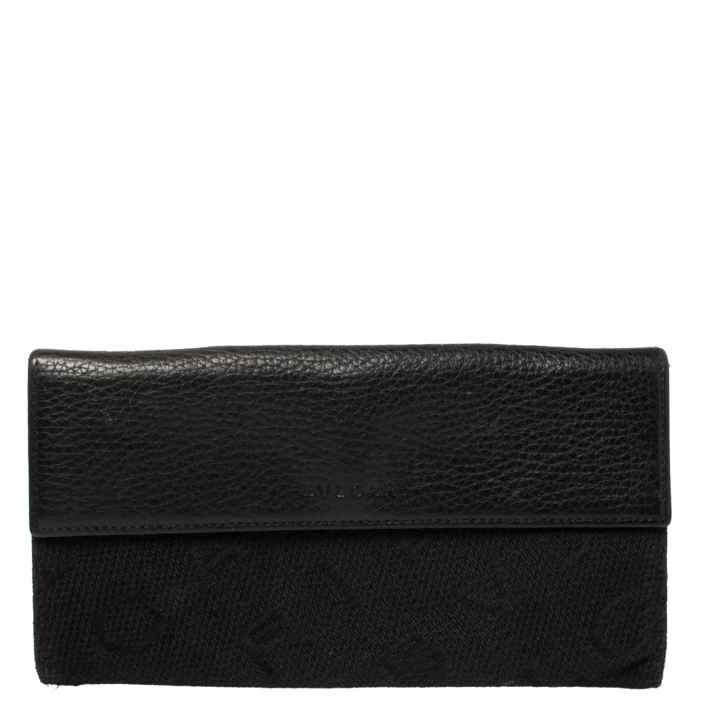 Bvlgari Black Logo Mania Canvas and Leather Flap Continental Wallet