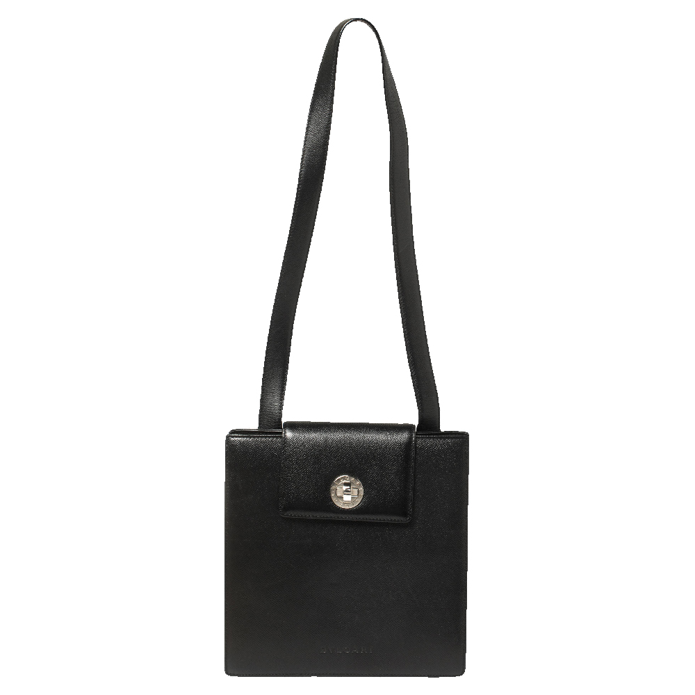 Bvlgari Black Leather 3 Gussets Shoulder Bag