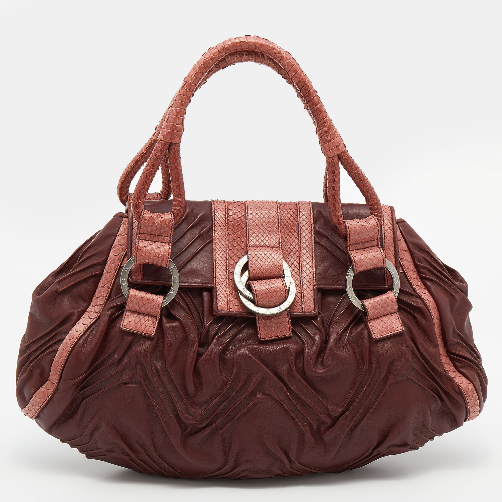 Bvlgari Brown Pleated Leather And Python Satchel