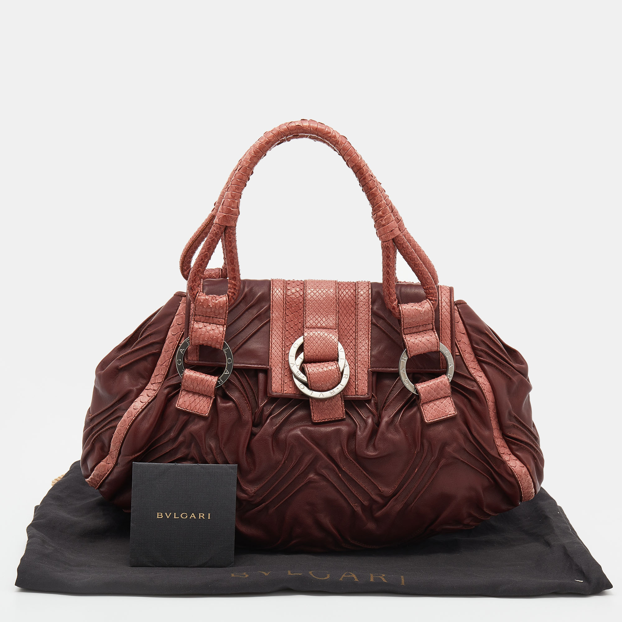 Bvlgari Brown Pleated Leather And Python Satchel