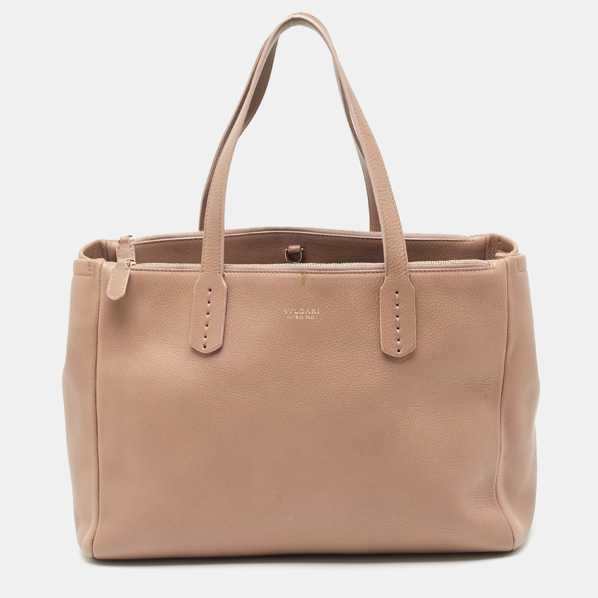 Bvlgari Light Brown Leather Double Zip Tote