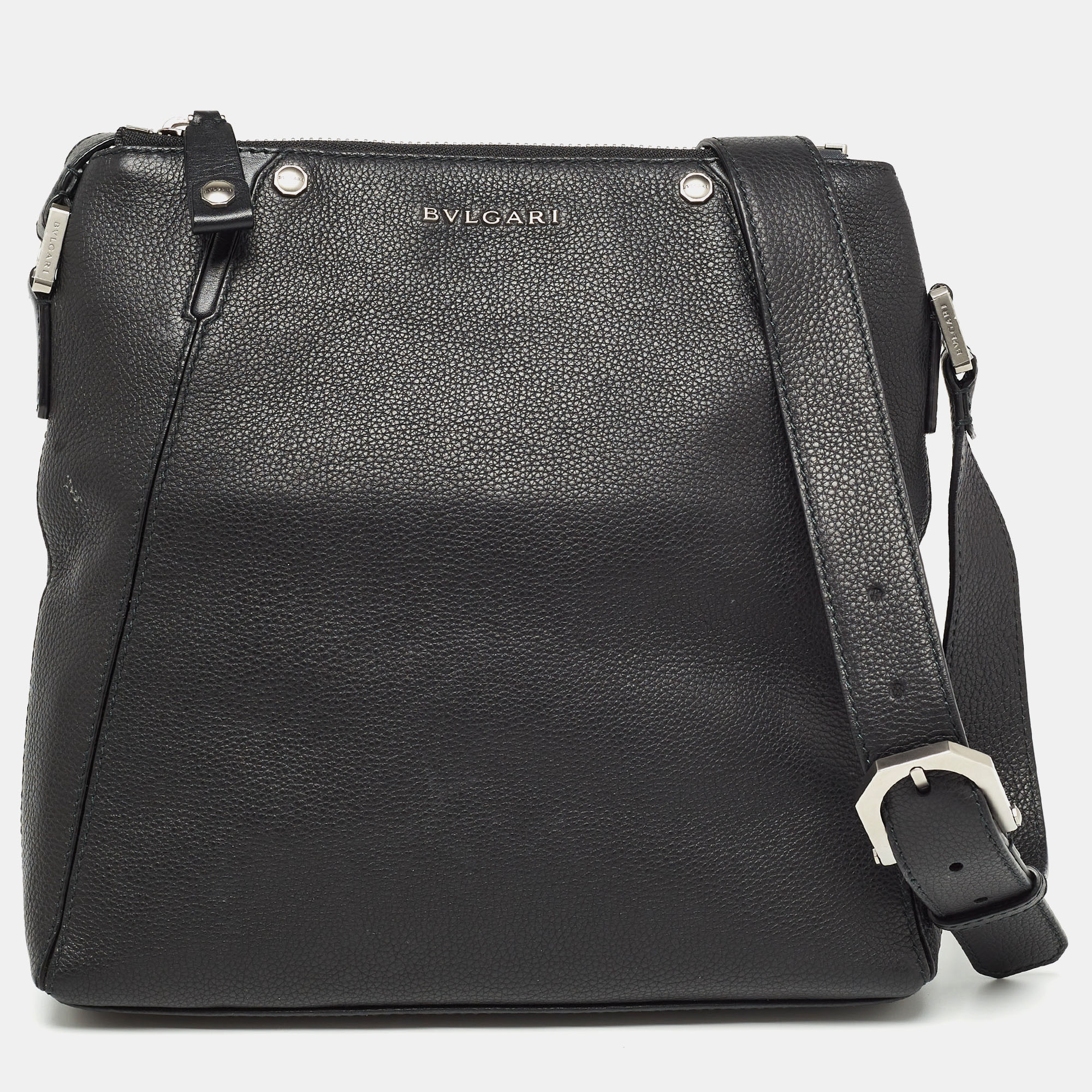 Bvlgari Black Leather Zip Crossbody Bag