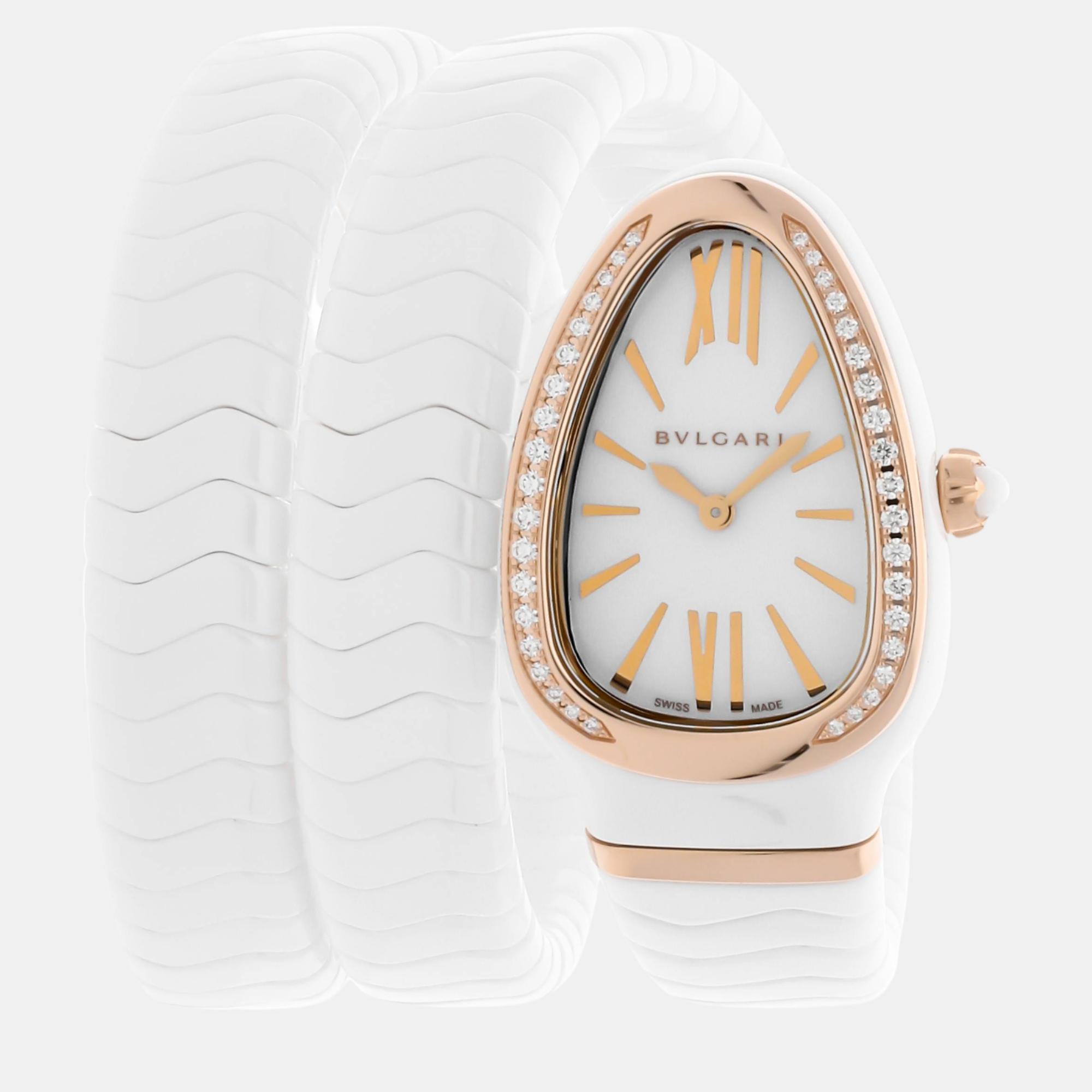 Bvlgari White Ceramic Serpenti Spiga 102886 Quartz Women's Wristwatch 35 Mm