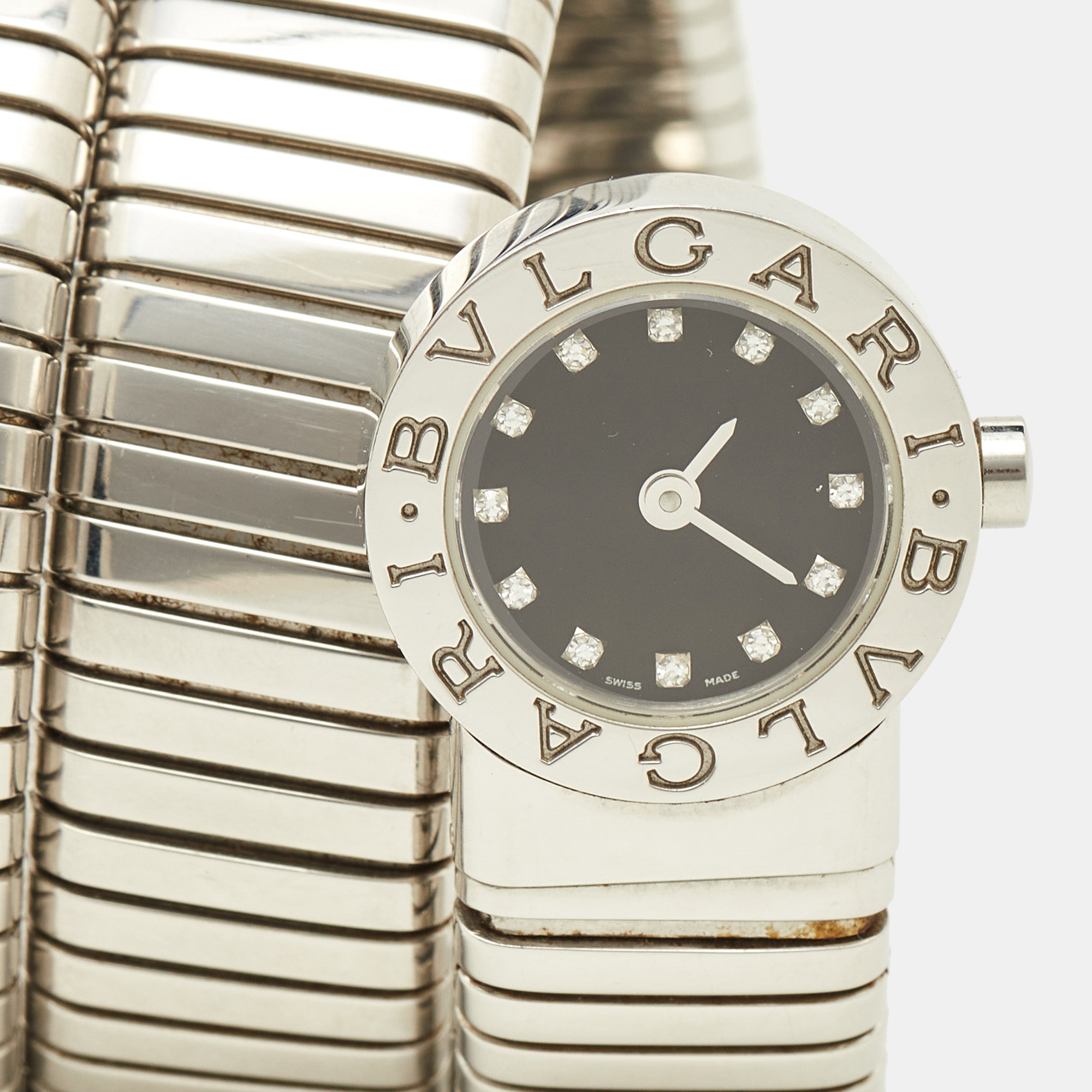 Bvlgari Black Stainless Steel Diamonds Tubogas BB 19 1TS Women's Wristwatch 19 Mm