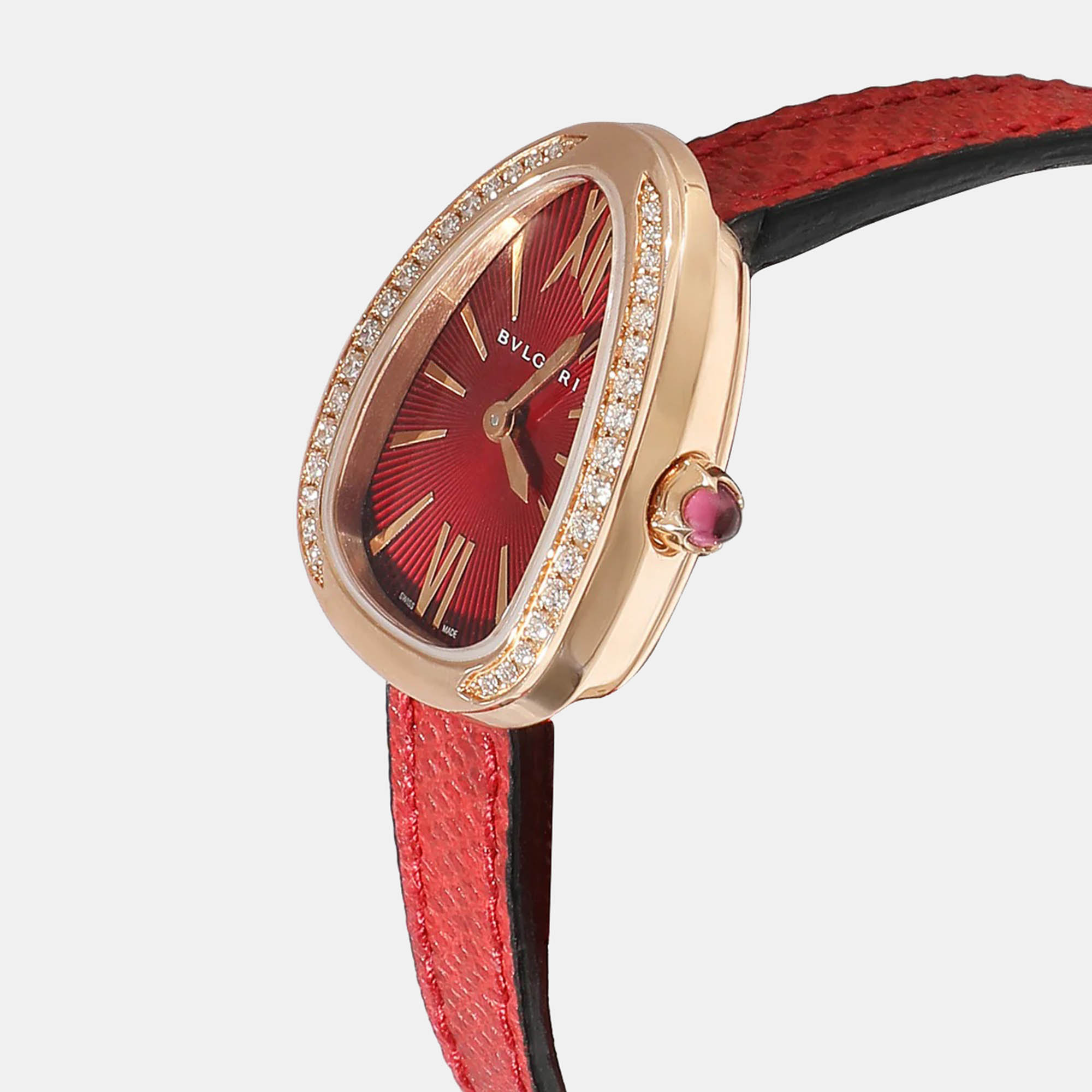 Bvlgari Red Mother Of Pearl 18k Rose Gold Serpenti Quartz Women's Wristwatch 27 Mm