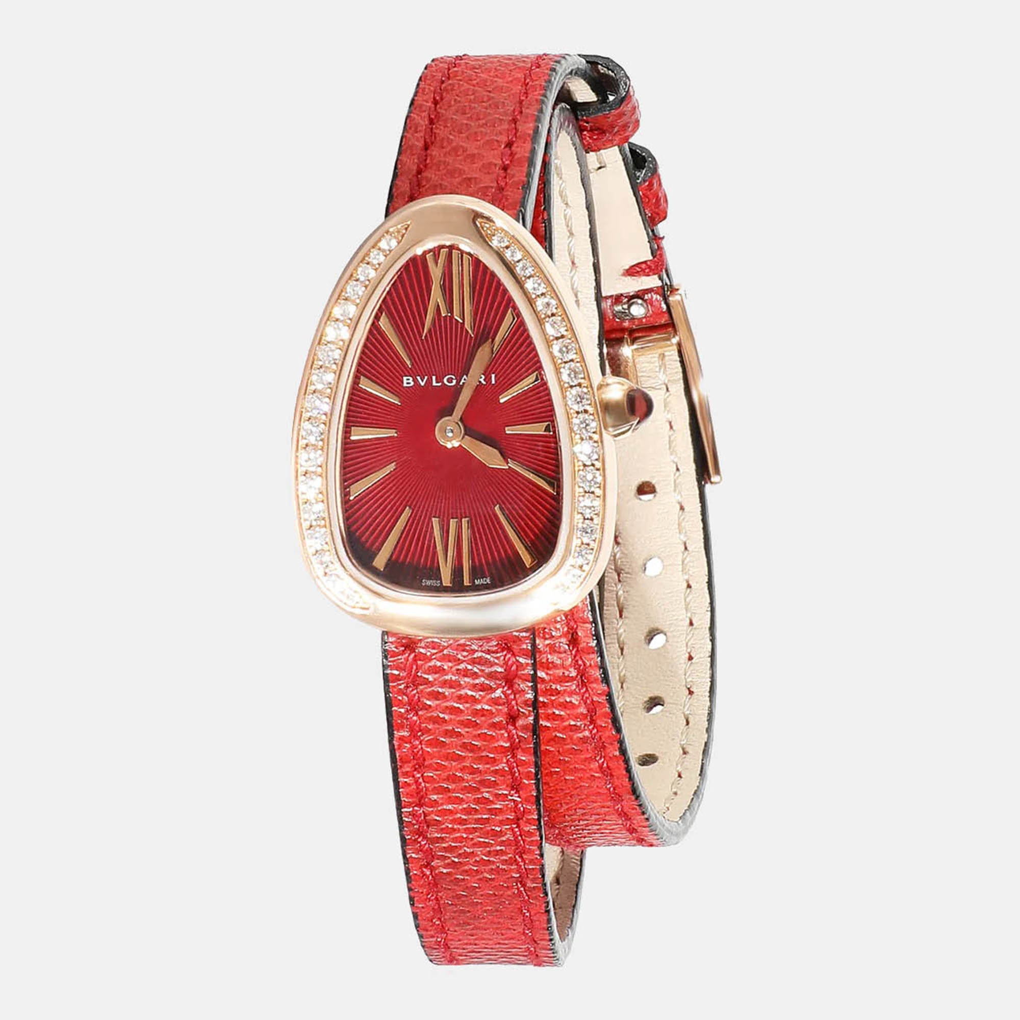 Bvlgari Red Mother Of Pearl 18k Rose Gold Serpenti Quartz Women's Wristwatch 27 Mm