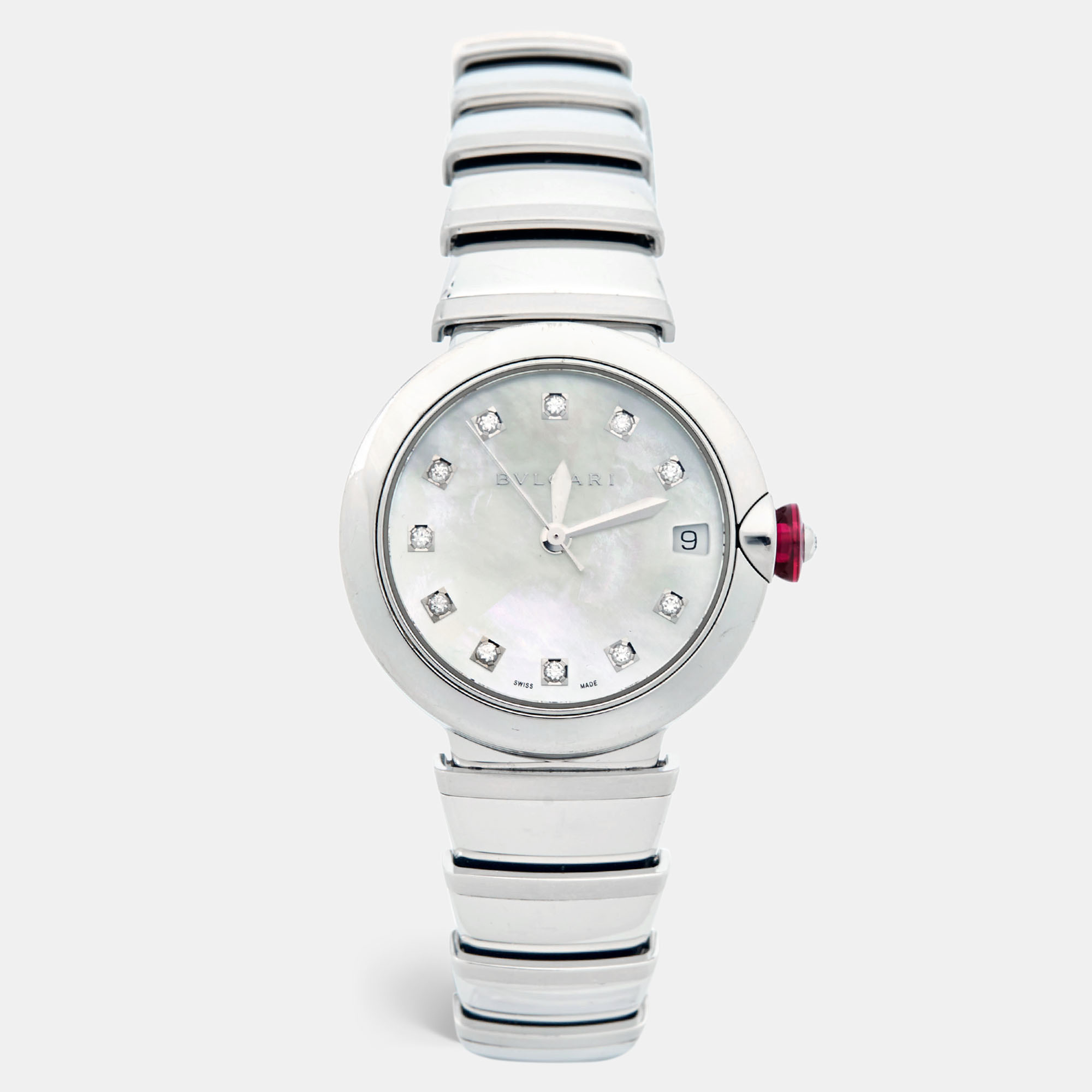 Bvlgari Mother Of Pearl Diamond Stainless Steel Lvcea LU 33 S Women's Wristwatch 33 mm