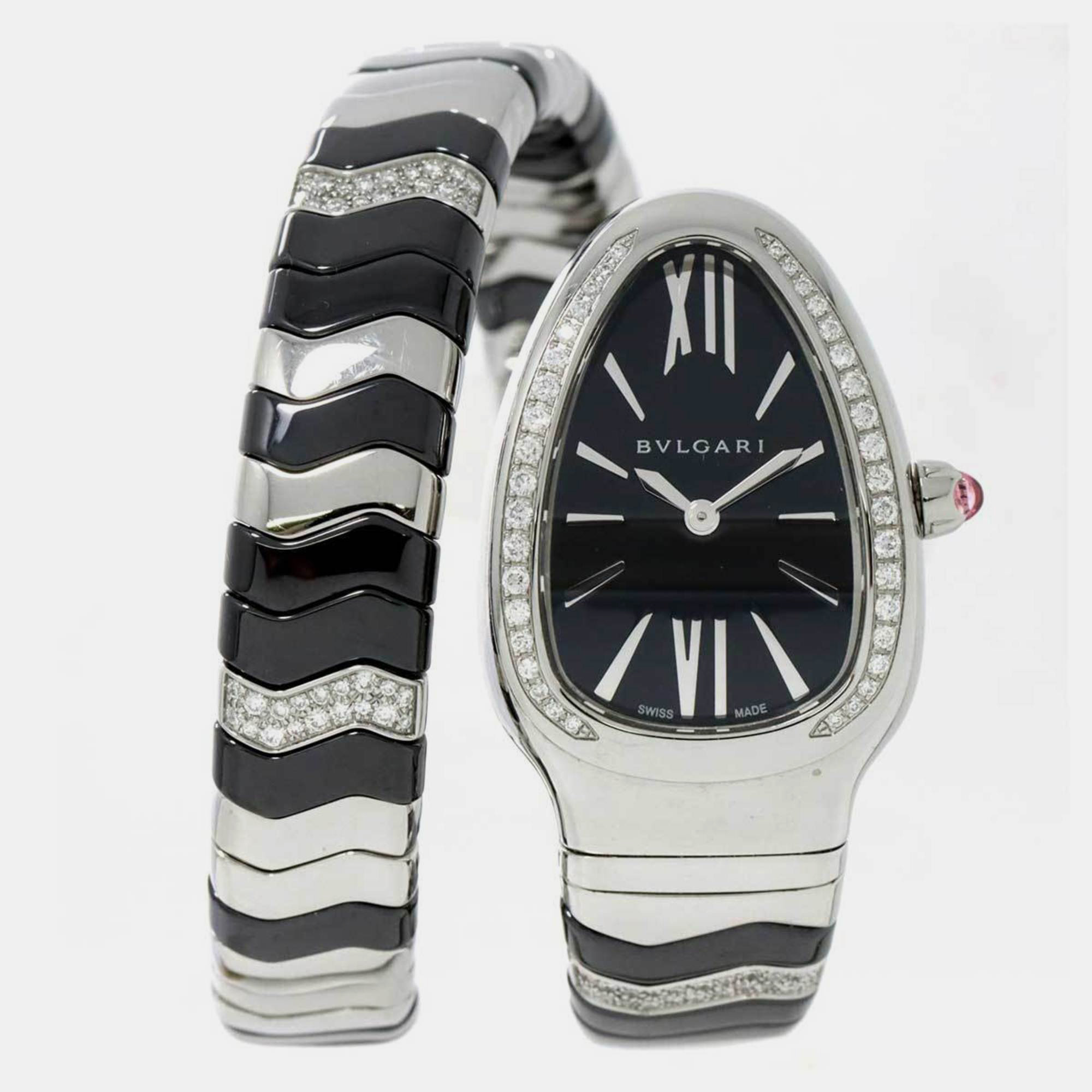 

Bvlgari Gray Stainless Steel ,Ceramic and Diamond Serpenti Tubogas SP35S Women's Wristwatch, Black