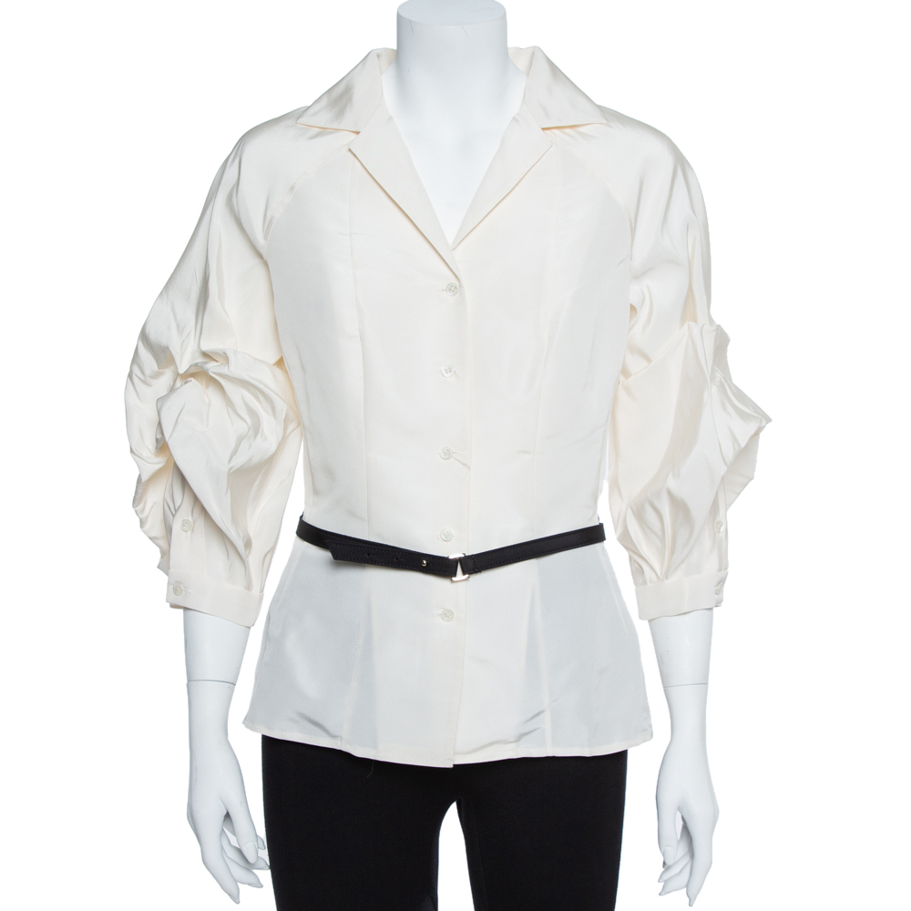 Image of Carolina Herrera Ivory White Silk Faille Blouse M