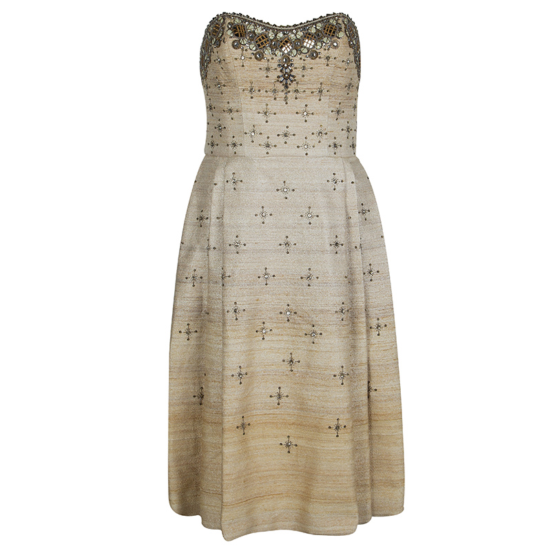 Image of Carolina Herrera Beige Ombre Raw Silk Embellished Strapless Dress M