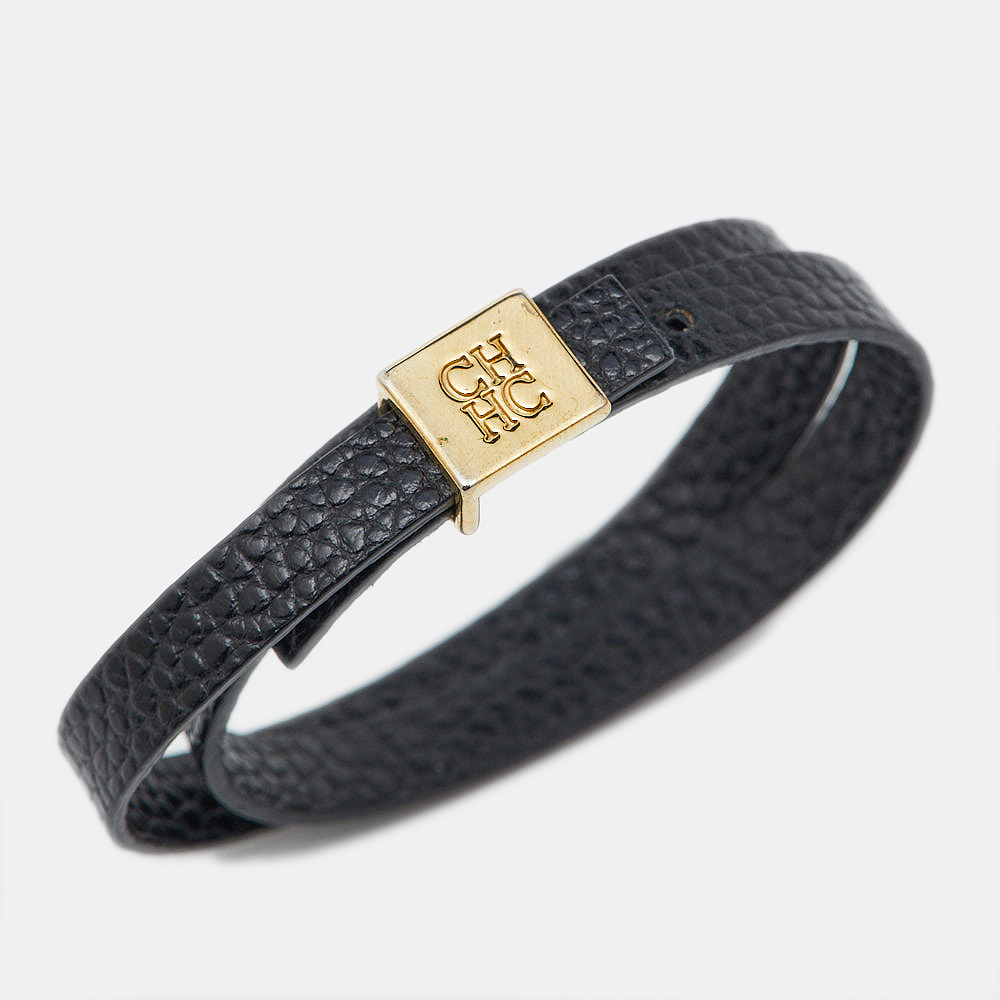 Carolina Herrera CH Black Leather Gold Tone Wrap Bracelet