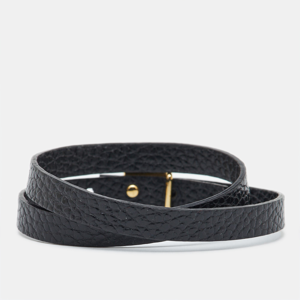 Carolina Herrera CH Black Leather Gold Tone Wrap Bracelet