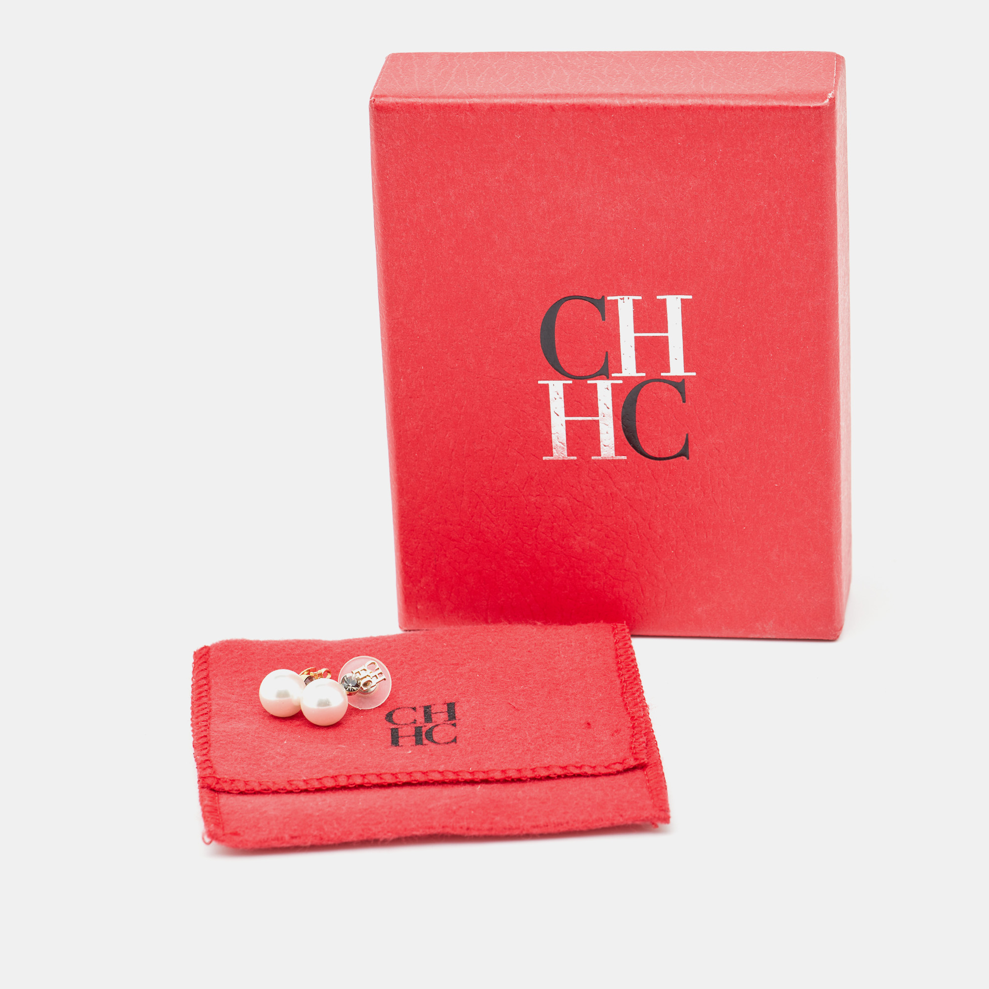 Carolina Herrera CH Faux Pearl Gold Tone Earrings