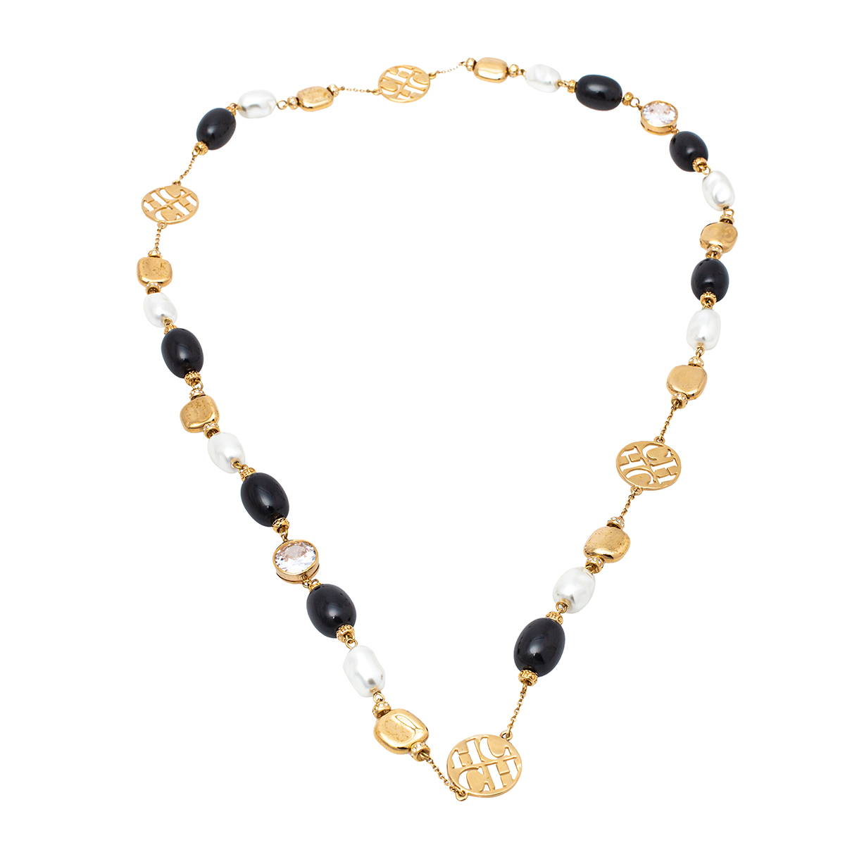 Carolina Herrera Crystal Bead Gold Tone Long Station Necklace