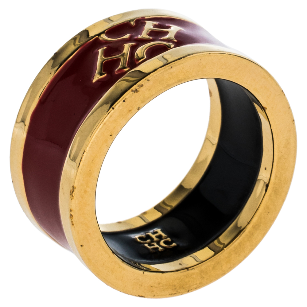 Carolina Herrera Red Enamel Logo Gold Tone Band Ring Size 56
