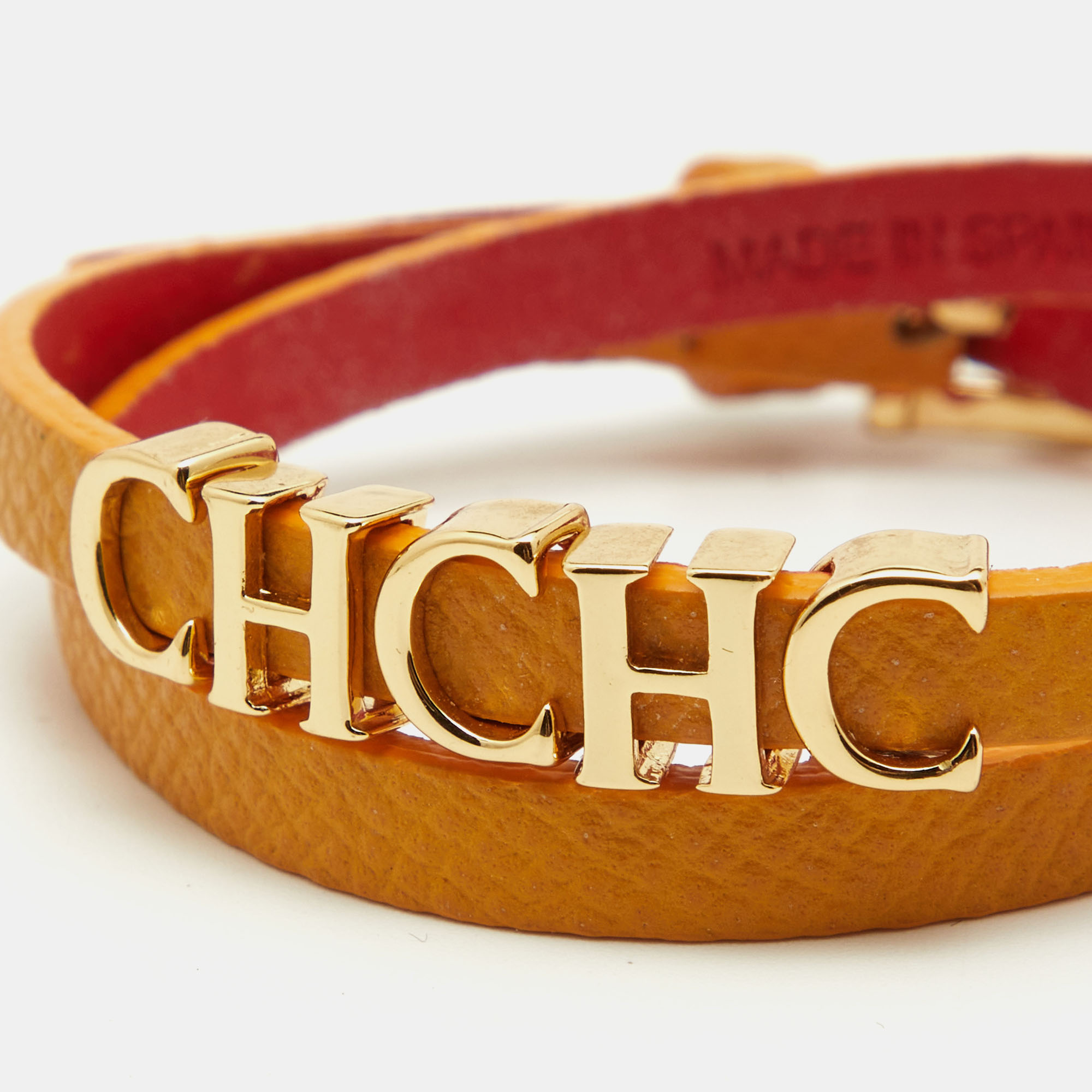 Carolina Herrera CH Logo Leather Gold Tone Double Tour Bracelet