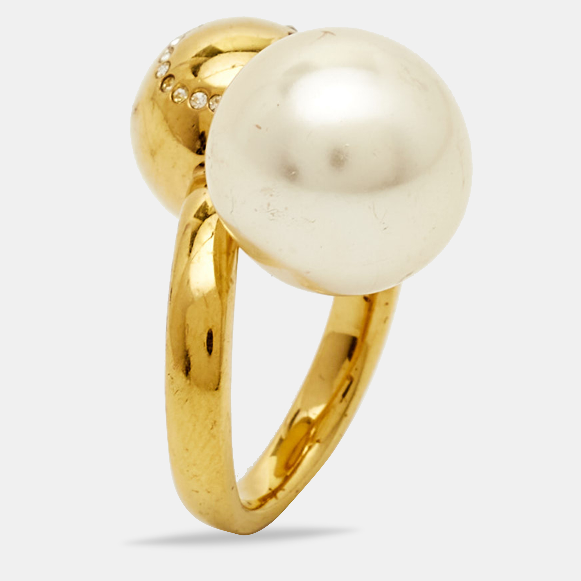 Carolina Herrera CH Faux Pearl Crystal Gold Tone Ring Size 49