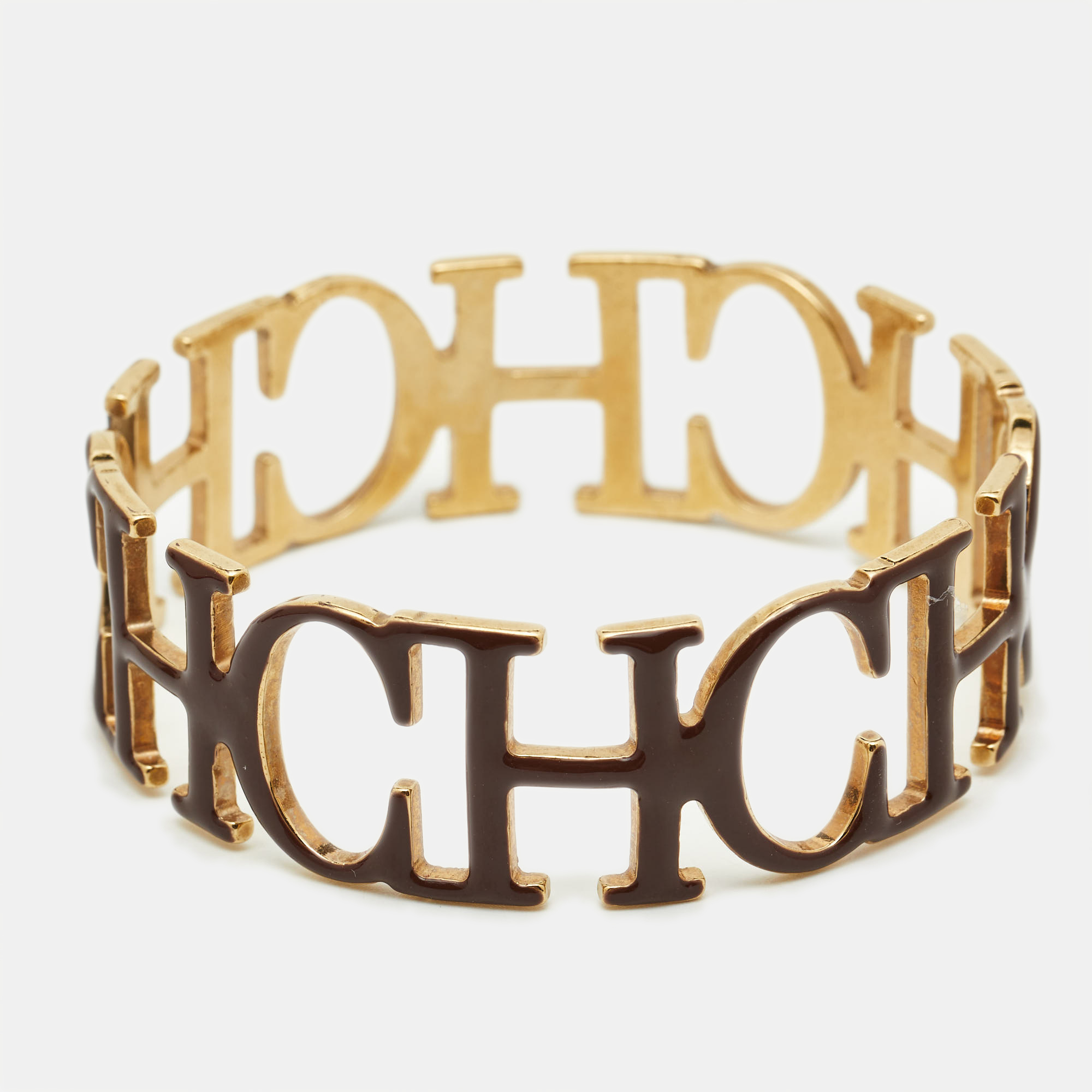 

Carolina Herrera CH Motif Enamel Gold Tone Bangle Bracelet, Brown