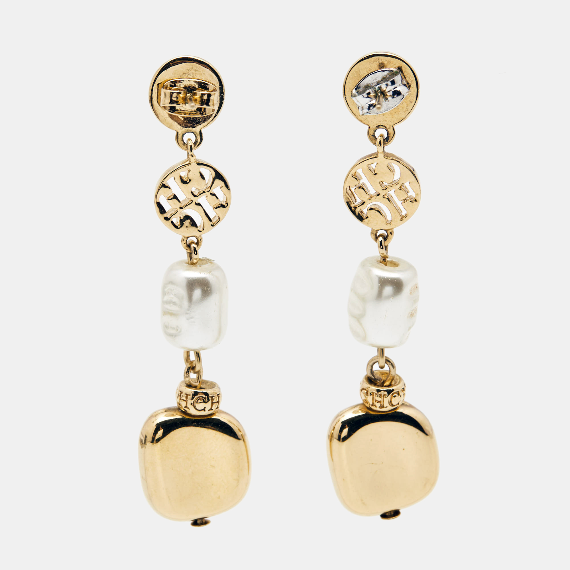 Carolina Herrera CH Crystal Faux Pearl Gold Tone Earrings